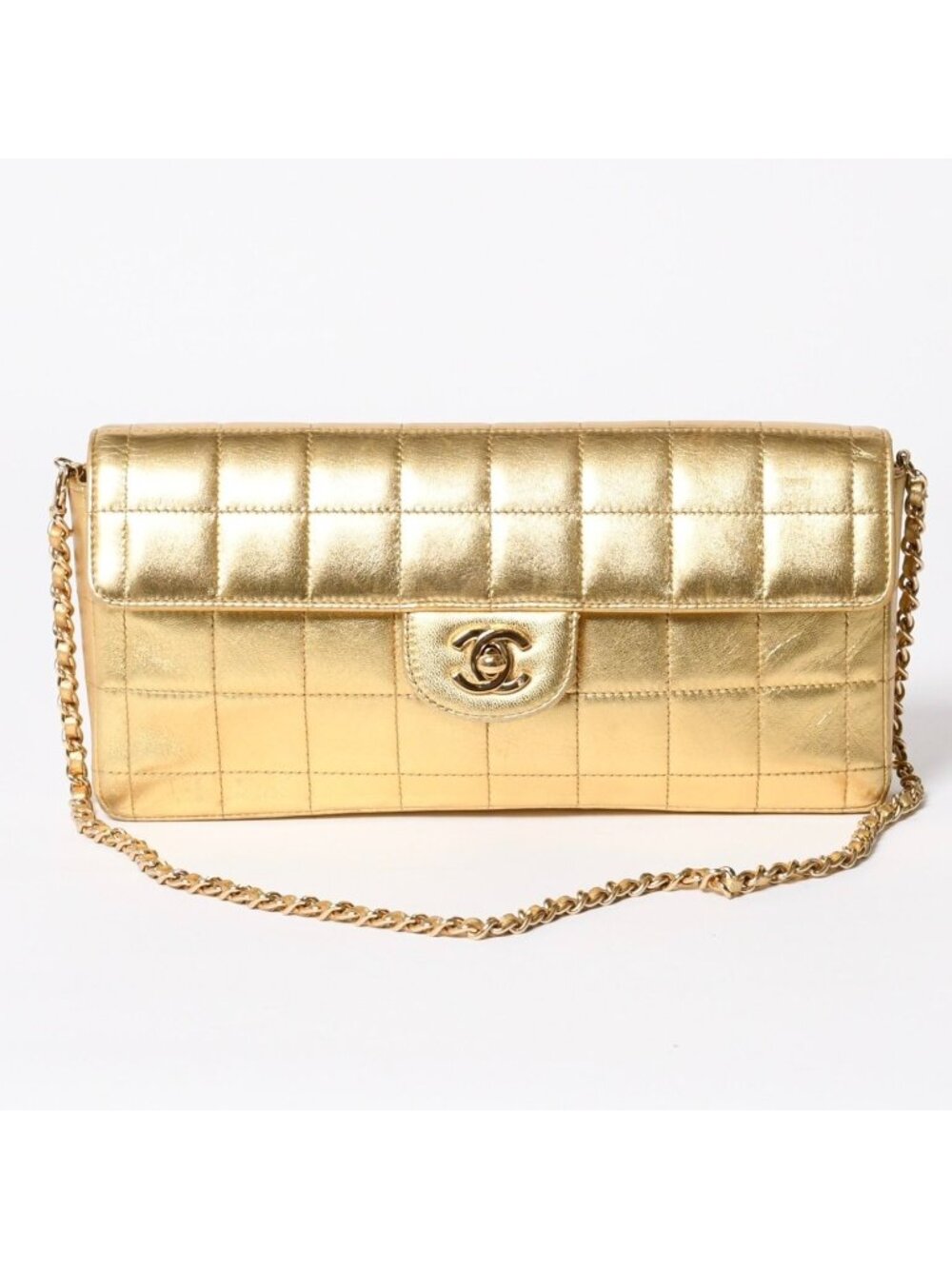 Chanel Choco Bar East West Chain Shoulder Bag Lambskin Gold